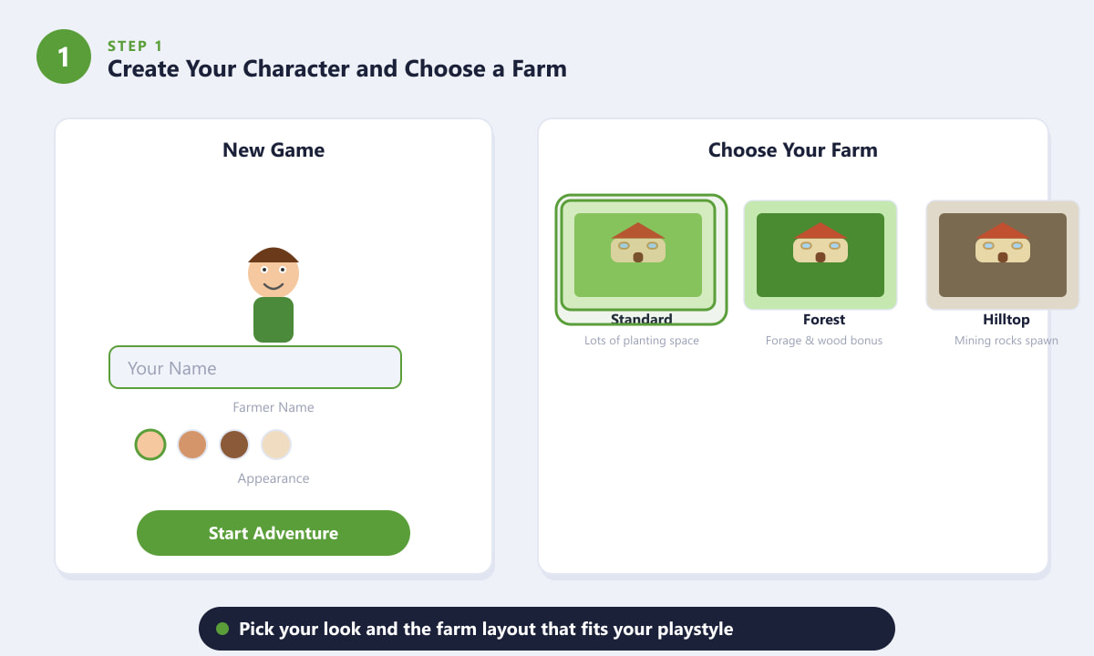 Stardew Valley new game screen showing character creation and farm layout selection