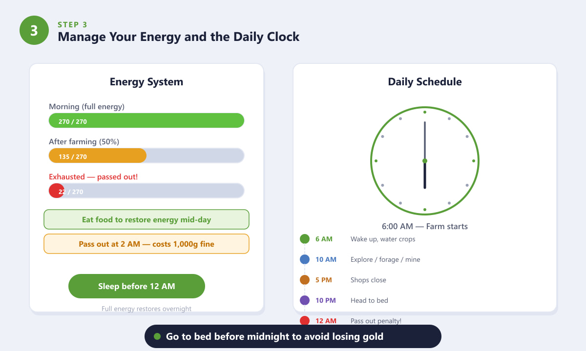 Stardew Valley energy bar and daily schedule clock showing key time milestones