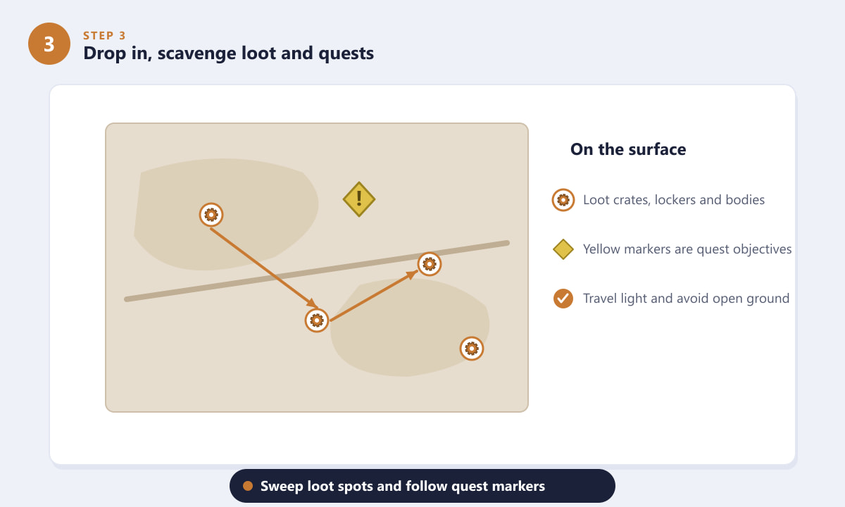 ARC Raiders surface map with loot markers, a quest objective and a scavenging route