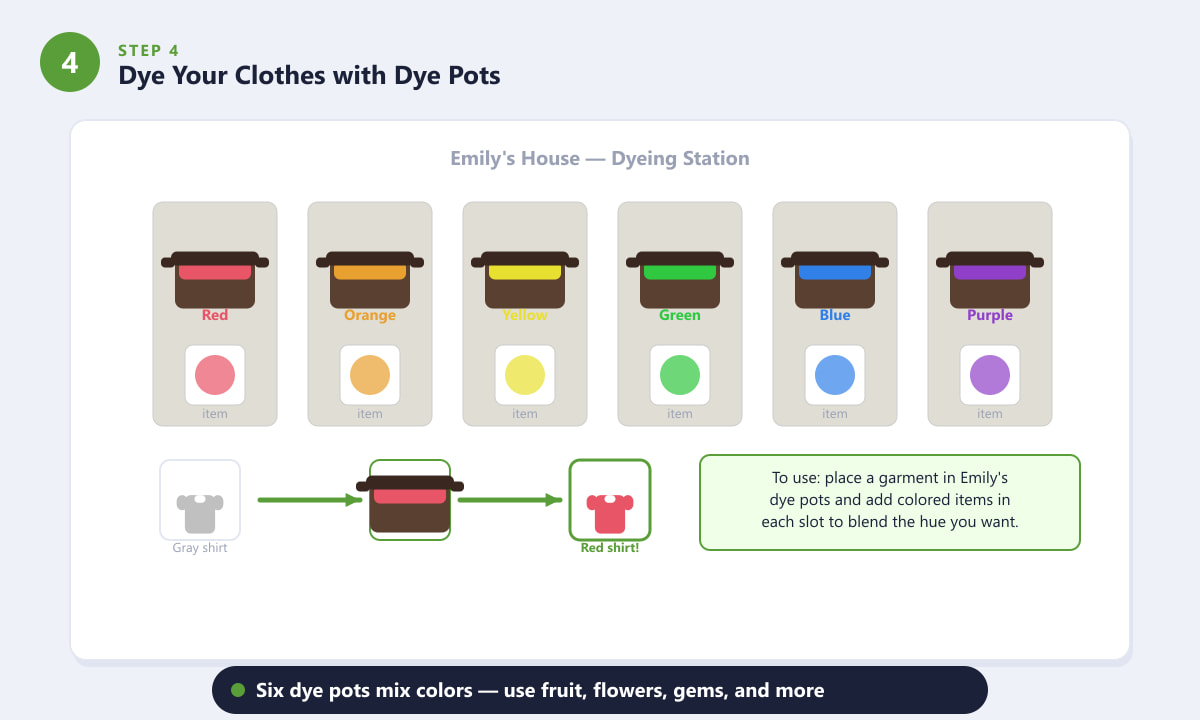 Emily's six dye pots in Stardew Valley with red, orange, yellow, green, blue, and purple color slots