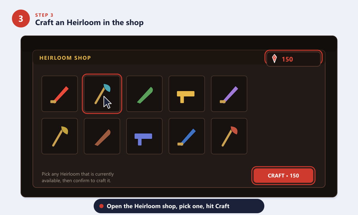 Crafting an Heirloom in the Apex Legends Heirloom shop using 150 Heirloom Shards