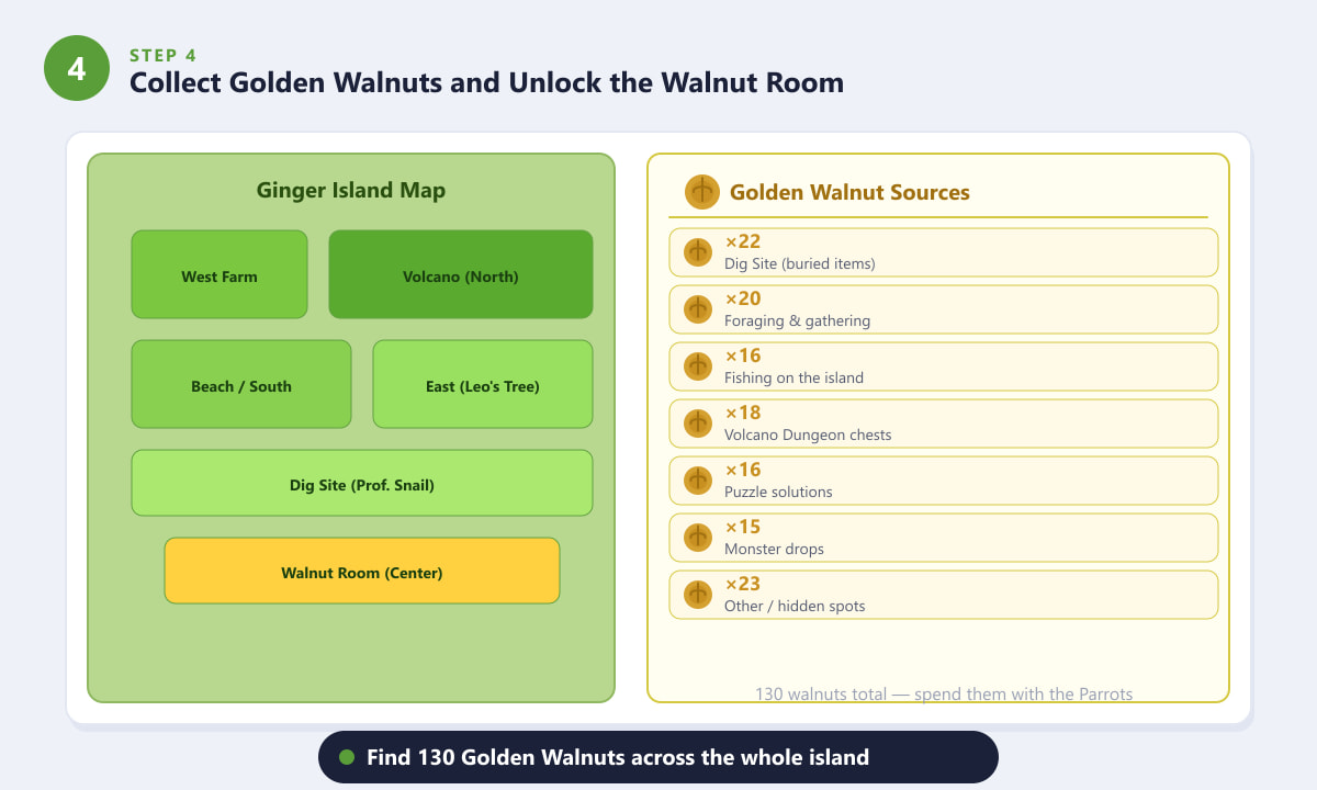 Kaart van de zones op Ginger Island en een lijst met vindplaatsen van gouden walnoten in Stardew Valley.