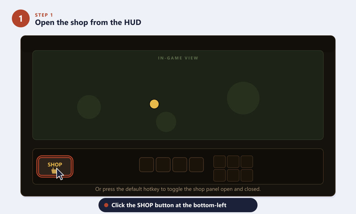 Opening the Dota 2 in-game shop by clicking the SHOP button on the HUD