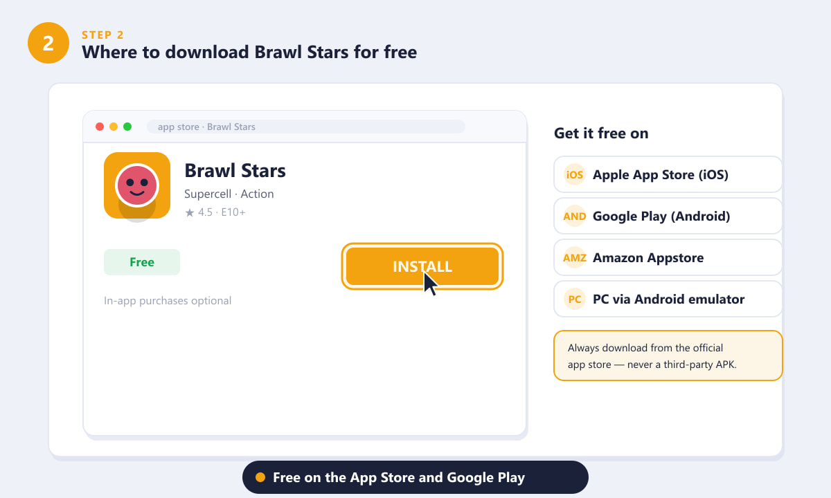 Скачайте Brawl Stars бесплатно из магазина приложений с возможностью выбора платформы.
