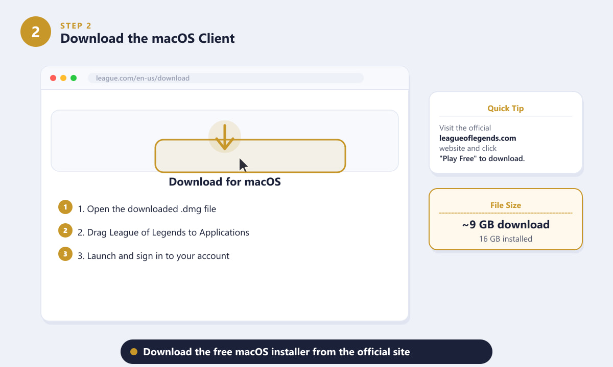 Downloading the League of Legends macOS client from the official website on a MacBook Pro