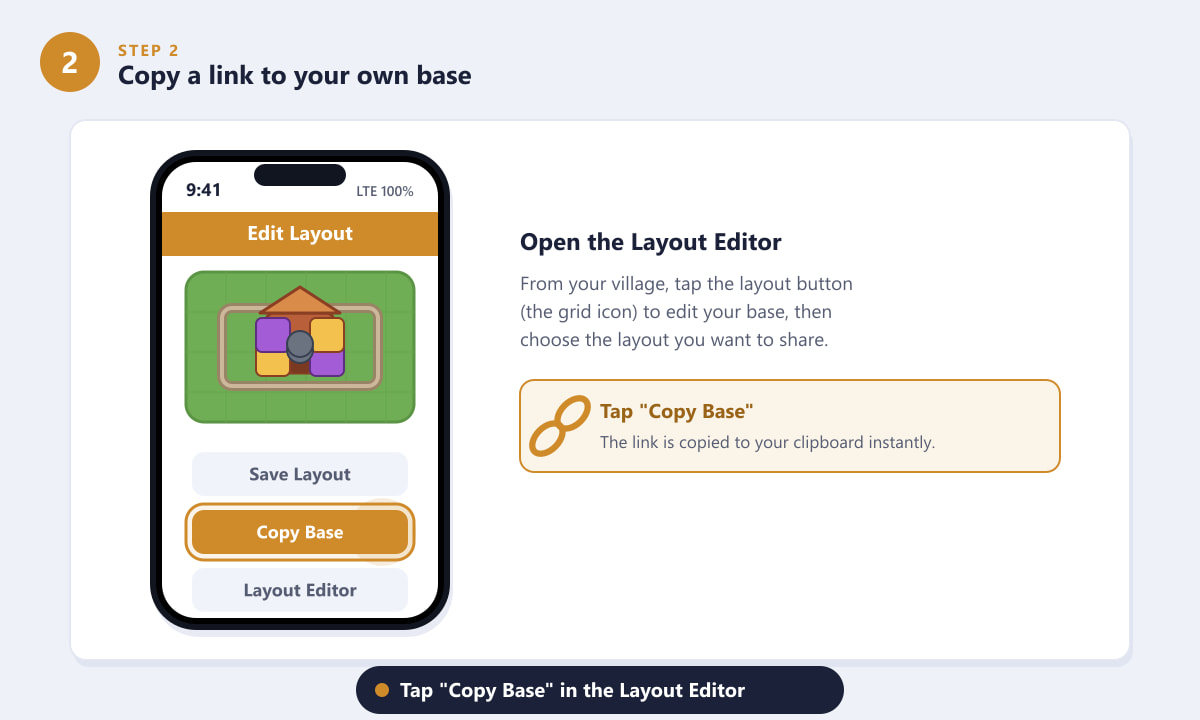 Tapping Copy Base in the Clash of Clans Layout Editor to create a copy link
