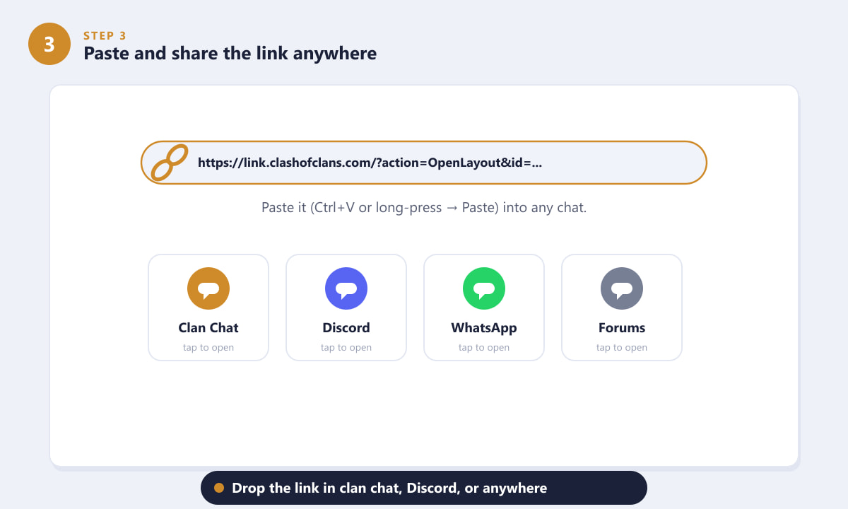 Sharing a Clash of Clans base copy link in clan chat, Discord, and other apps