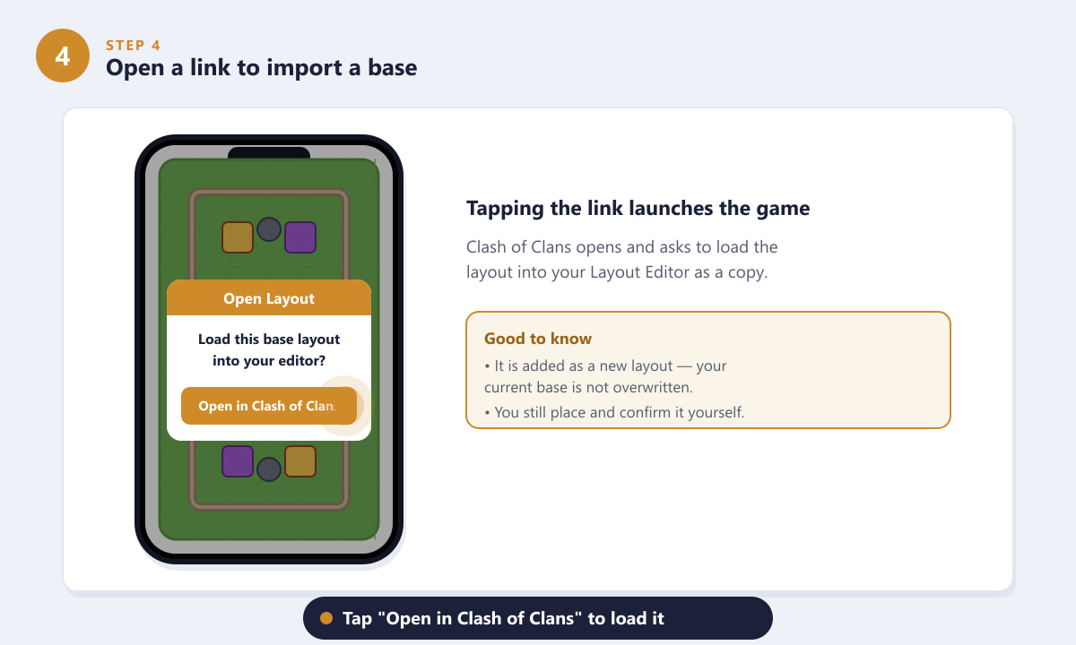 Confirmation prompt to import a base after opening a Clash of Clans copy link