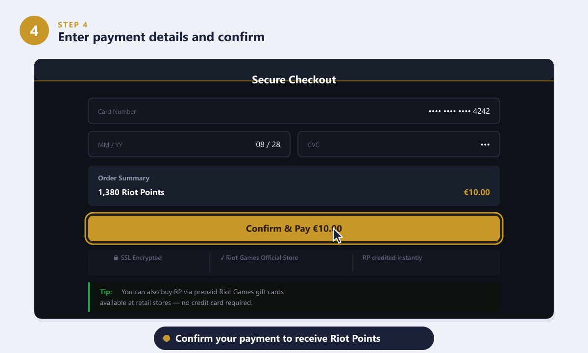 Completing a secure card payment to buy Riot Points with Euros