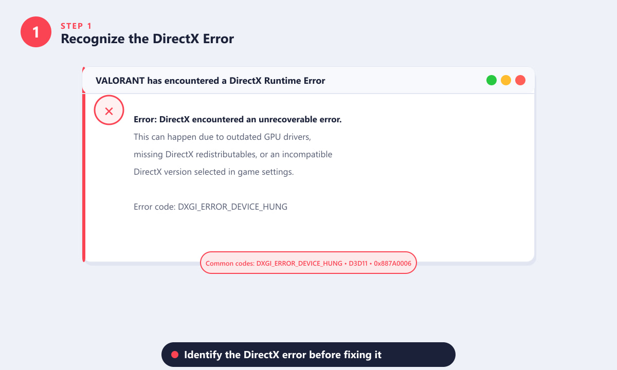 Valorant DirectX runtime error dialog showing DXGI_ERROR_DEVICE_HUNG
