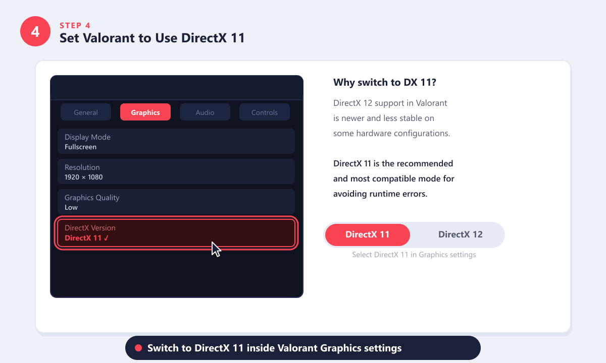 Changing Valorant Graphics settings to DirectX 11 to resolve runtime errors