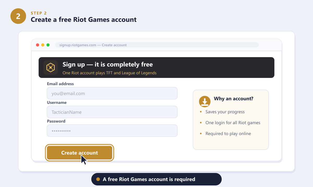 Creating a free Riot Games account to download and play TFT on Windows