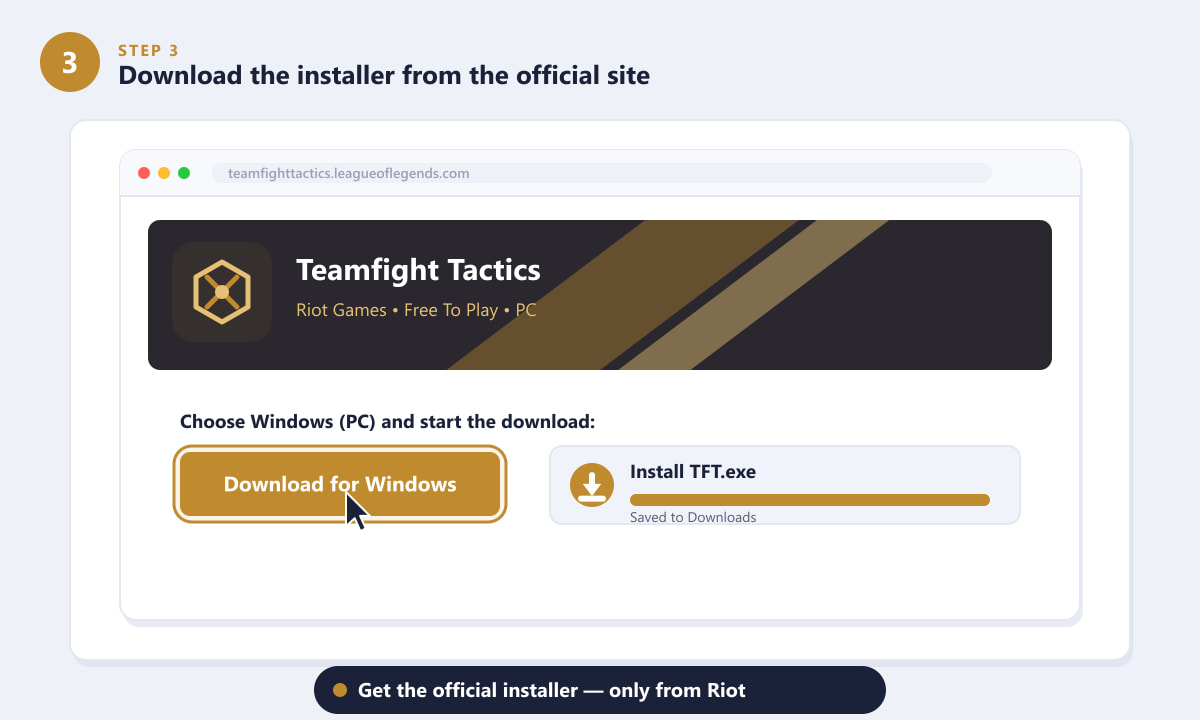 Downloading the official TFT installer for Windows from the Riot Games website