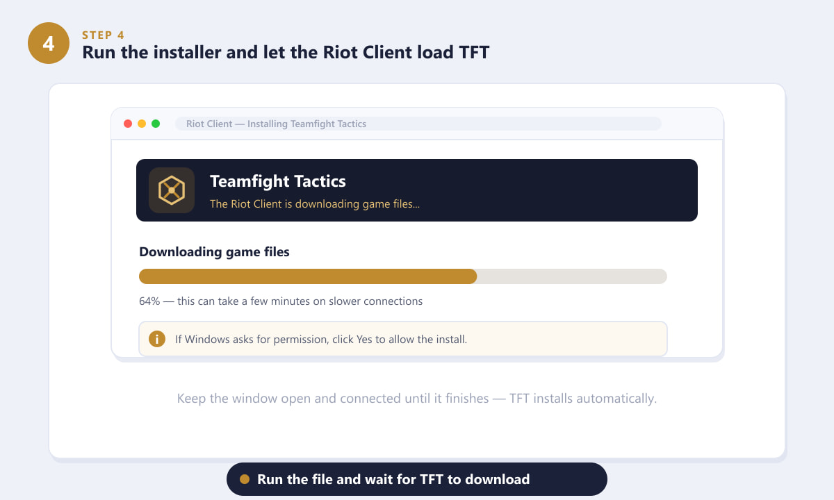 Running the installer while the Riot Client downloads Teamfight Tactics game files on Windows