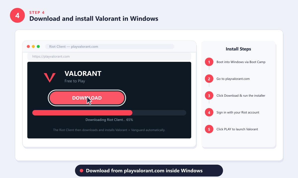 صفحة تحميل لعبة فالورانت على موقع playvalorant.com مع زر التحميل مُظلل وشريط التقدم.
