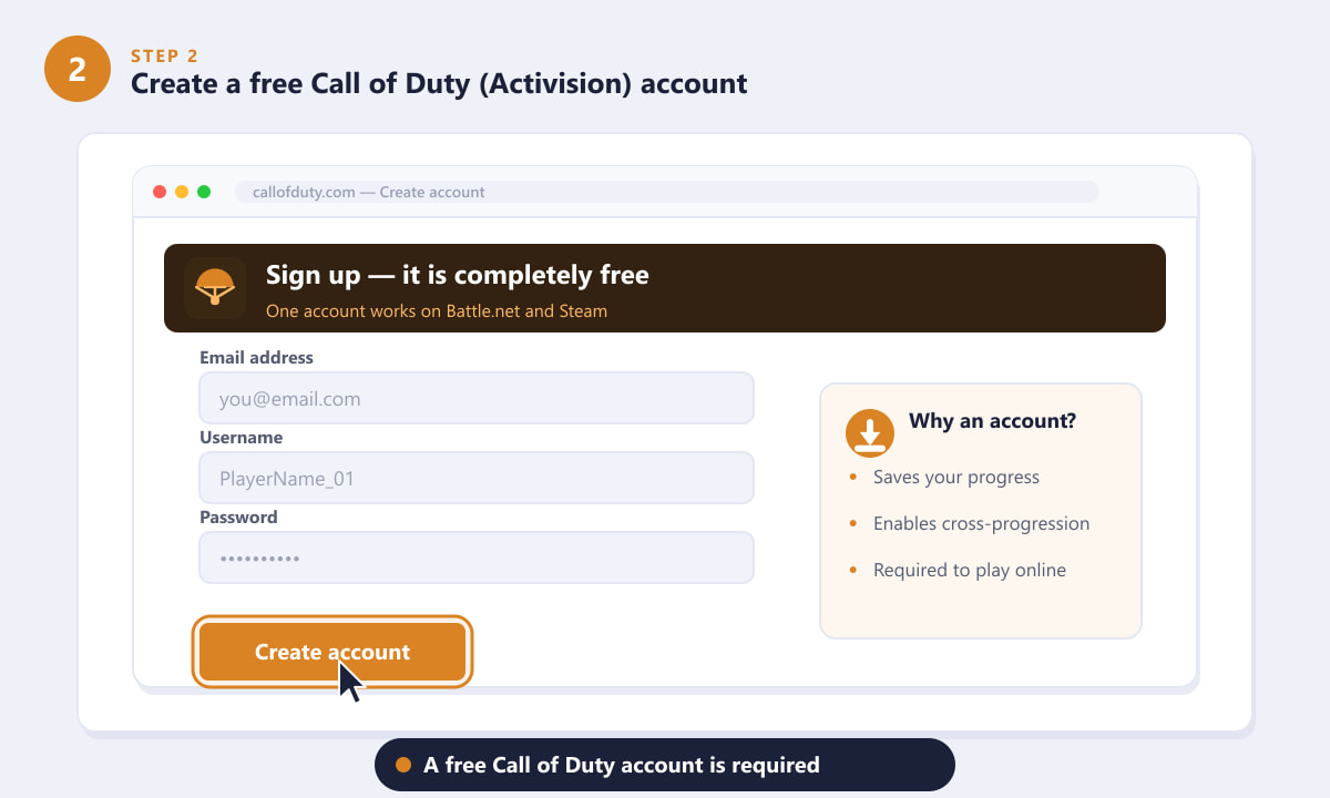 Создание бесплатной учетной записи Call of Duty Activision для игры в Warzone на ПК.