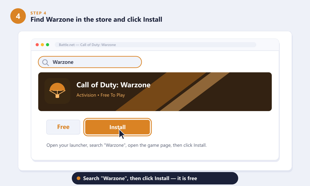 Найдите Warzone и нажмите «Установить» в лаунчере игр для ПК.