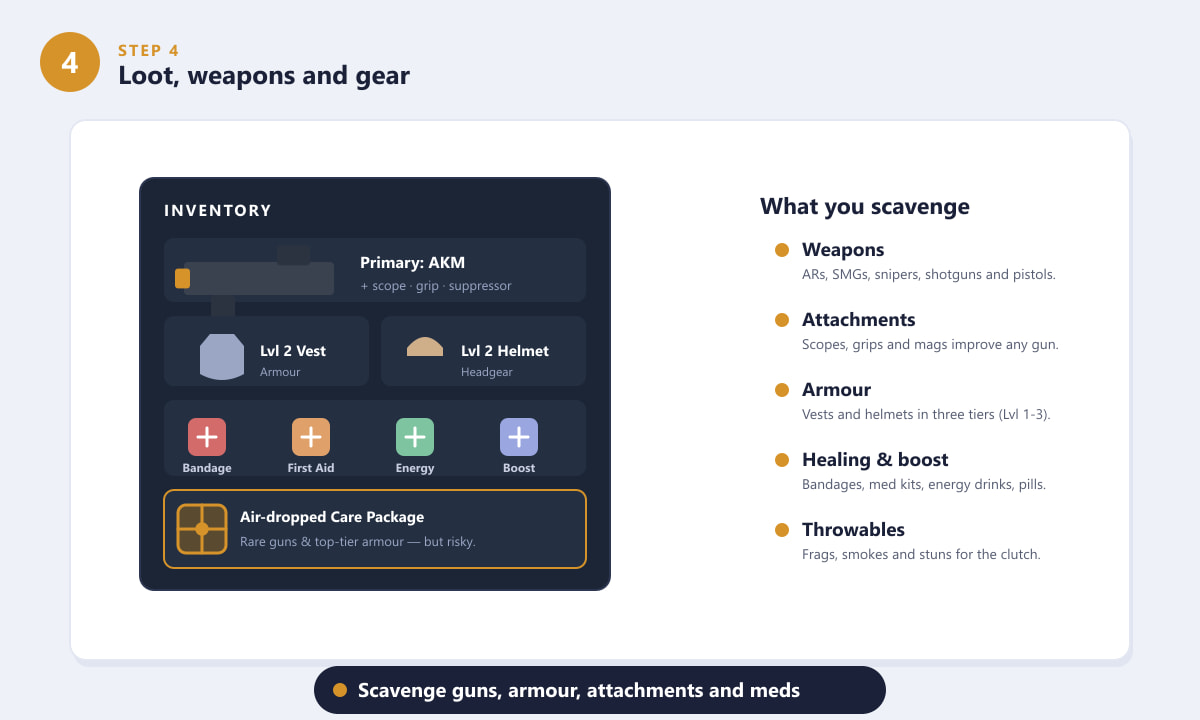 PUBG loot including weapons, attachments, armour, healing items and care packages