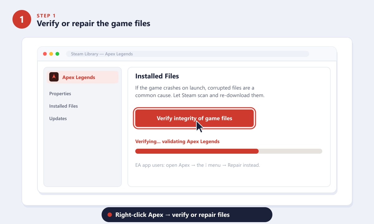 Verifying integrity of Apex Legends game files in Steam to fix crashes