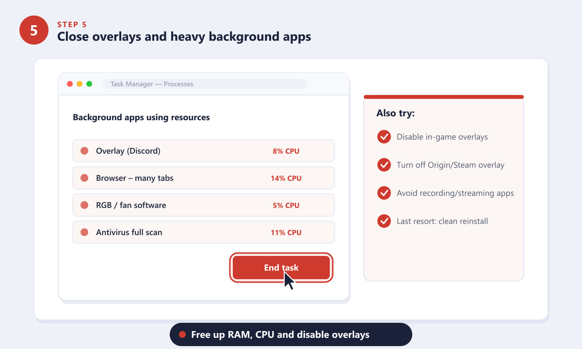 Closing background apps and overlays in Task Manager to stop Apex Legends crashing