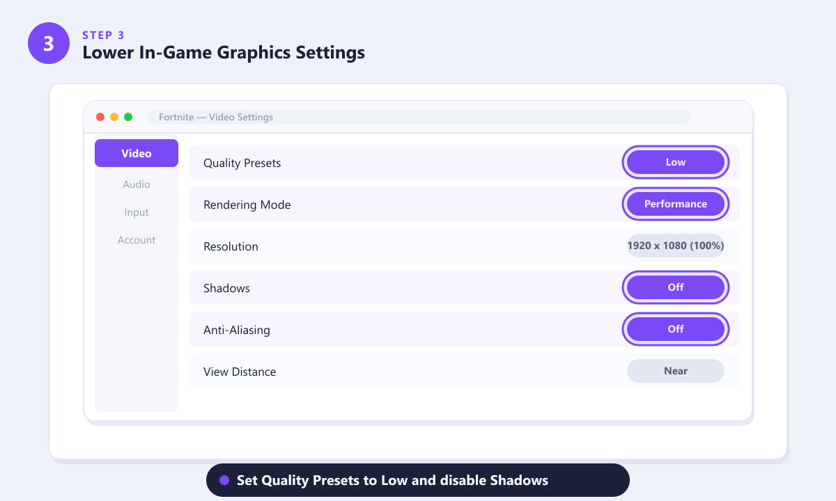 Fortniteの動画設定を下げてクラッシュを解消する — 画質プリセットを「低」、レンダリングモードを「パフォーマンス」に設定する