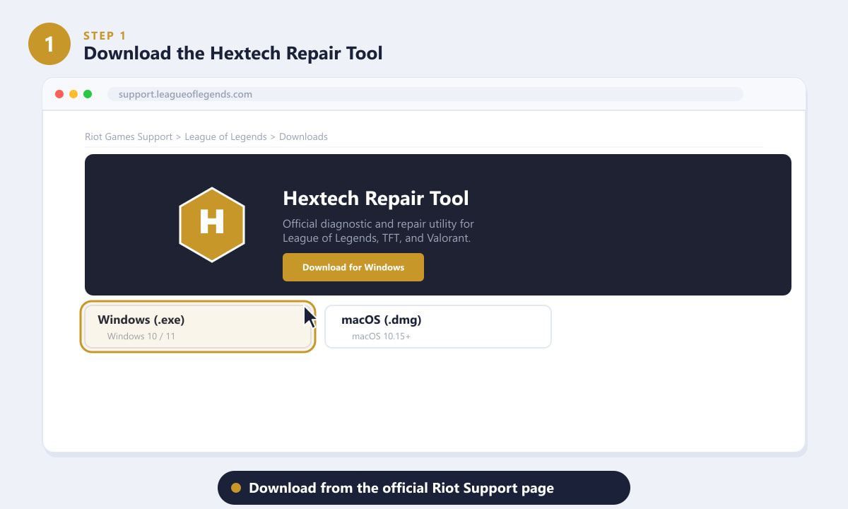 Downloading the Hextech Repair Tool from the official Riot Support page