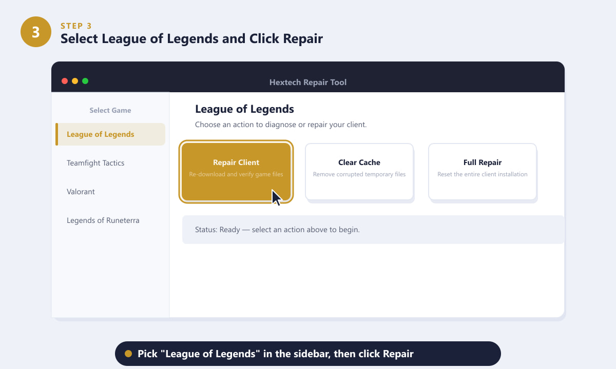 Selecting League of Legends in the Hextech Repair Tool sidebar and clicking Repair Client
