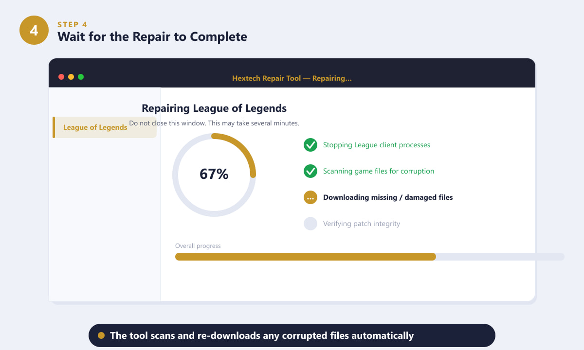 The Hextech Repair Tool showing 67 percent progress while repairing League of Legends files