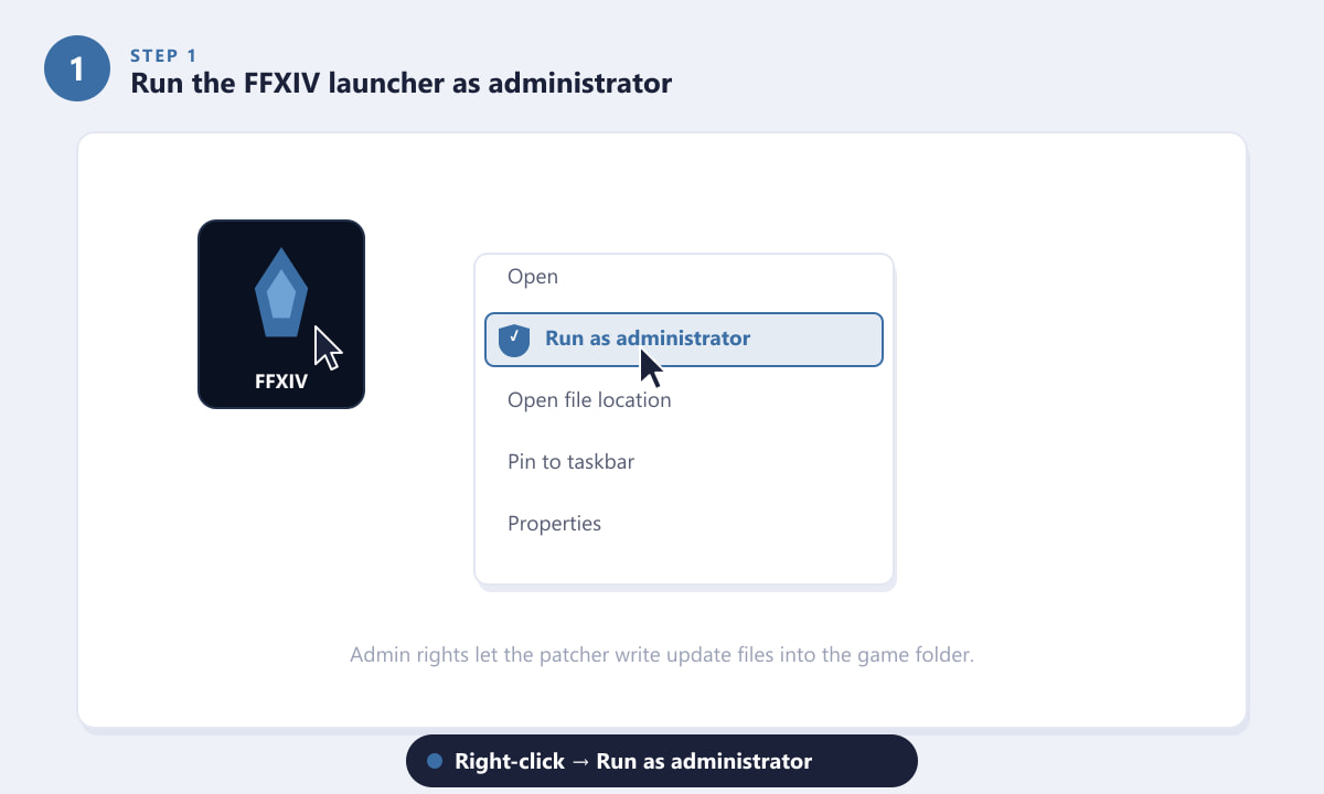 Running the FFXIV launcher as administrator to fix the unable to download patch files error
