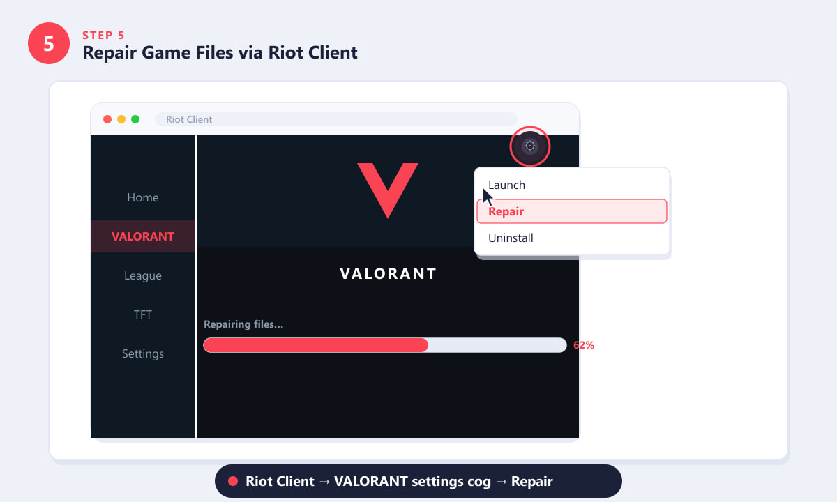 Riot Clientの設定アイコンに、Valorantのブラックスクリーンを修正するための修復オプションが表示されます。
