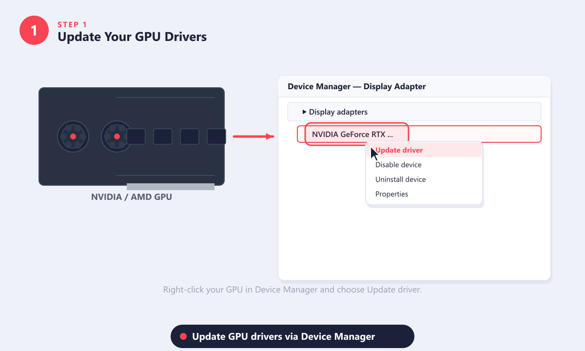 Fare clic con il pulsante destro del mouse su una GPU in Gestione dispositivi per aggiornare i driver e risolvere i crash di Valorant