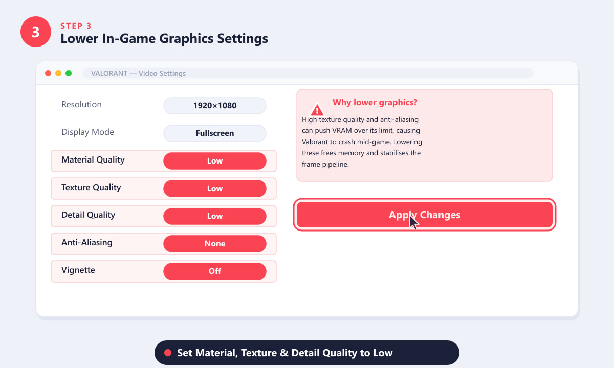 Impostazioni video di Valorant con Qualità dei materiali, Qualità delle texture e Anti-aliasing impostati su Basso