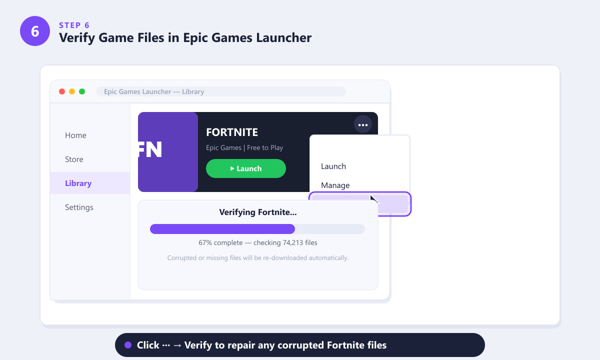 Epic Games Launcher Library แสดงตัวเลือก Verify ในเมนูสามจุดของ Fortnite