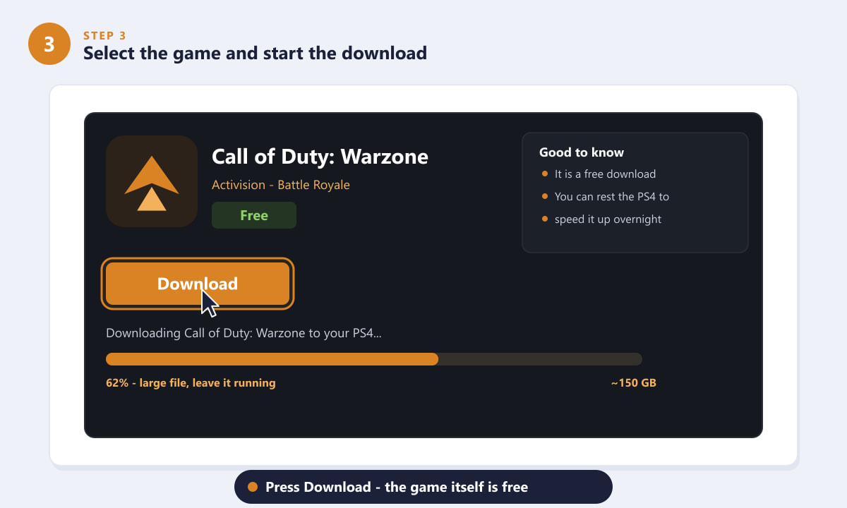 Downloading the free Call of Duty Warzone game to a PS4 with a progress bar
