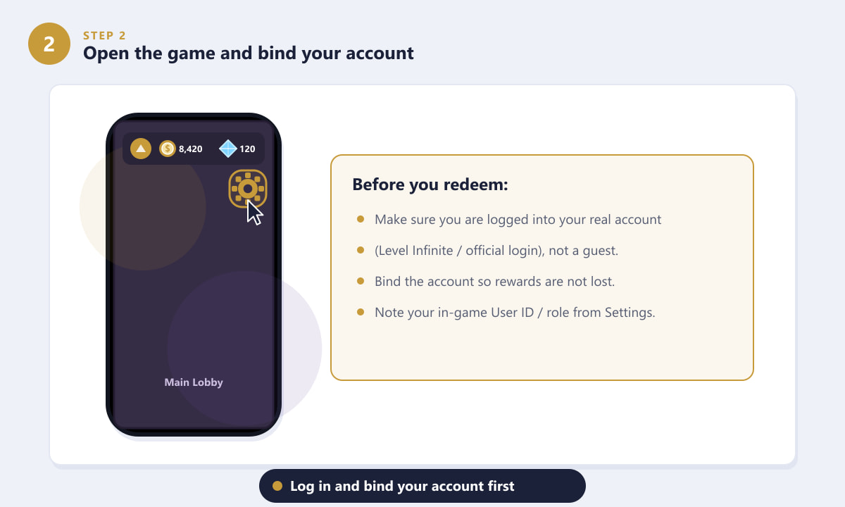 Honor of Kings main lobby with the settings gear and a checklist to bind your account before redeeming