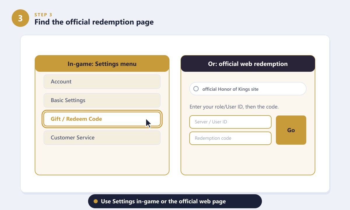 Two ways to find the Honor of Kings redeem code page: in-game settings menu and the official web redemption form