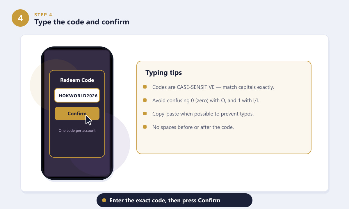Entering an Honor of Kings redeem code in the dialog with typing tips about case sensitivity