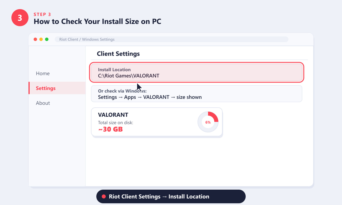 De installatiegrootte van Valorant controleren in de Riot Client-instellingen en de Windows Apps-instellingen.