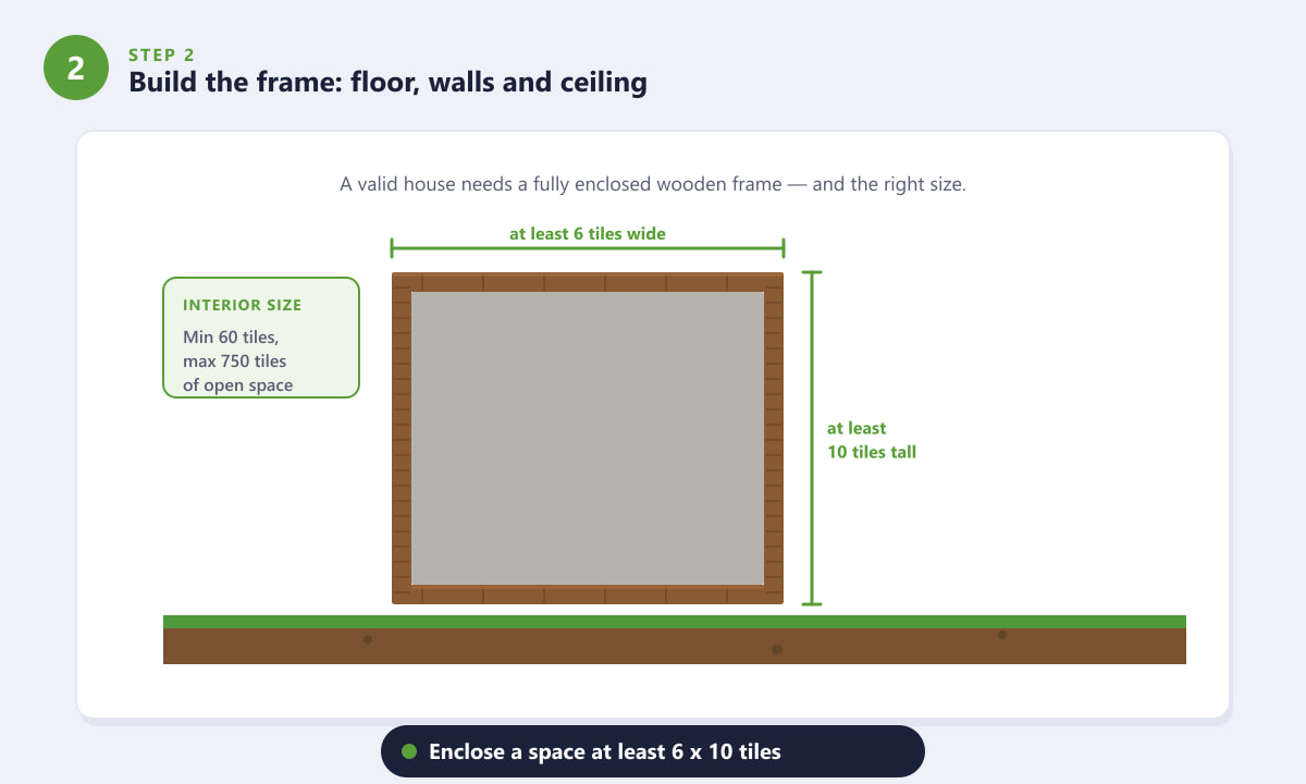Building the wooden frame floor walls and ceiling for a Terraria house at the correct size