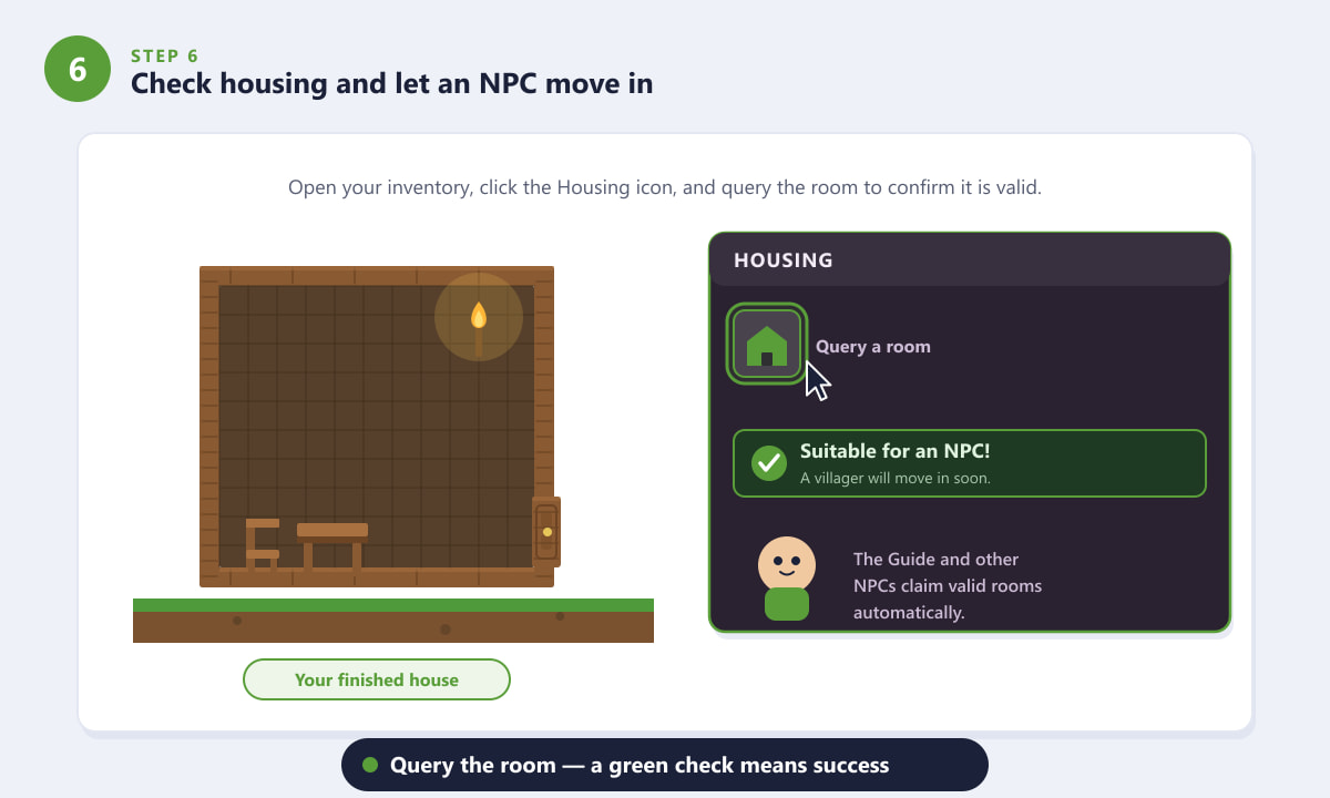 Using the housing query tool in Terraria to confirm a valid house and let an NPC move in