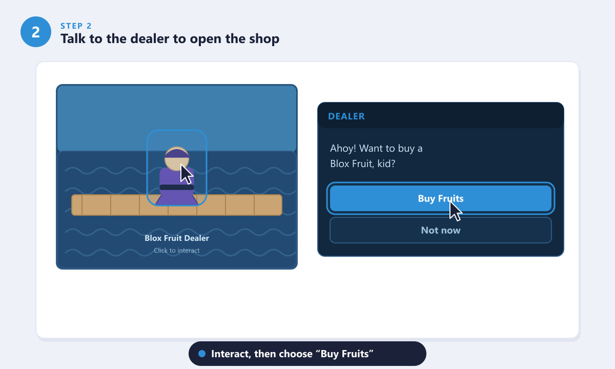 Talking to the Blox Fruit Dealer and choosing the Buy Fruits option in Blox Fruits