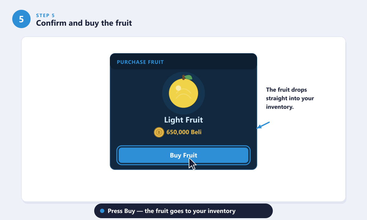 Confirming the purchase of the Light Fruit in the Blox Fruits dealer shop