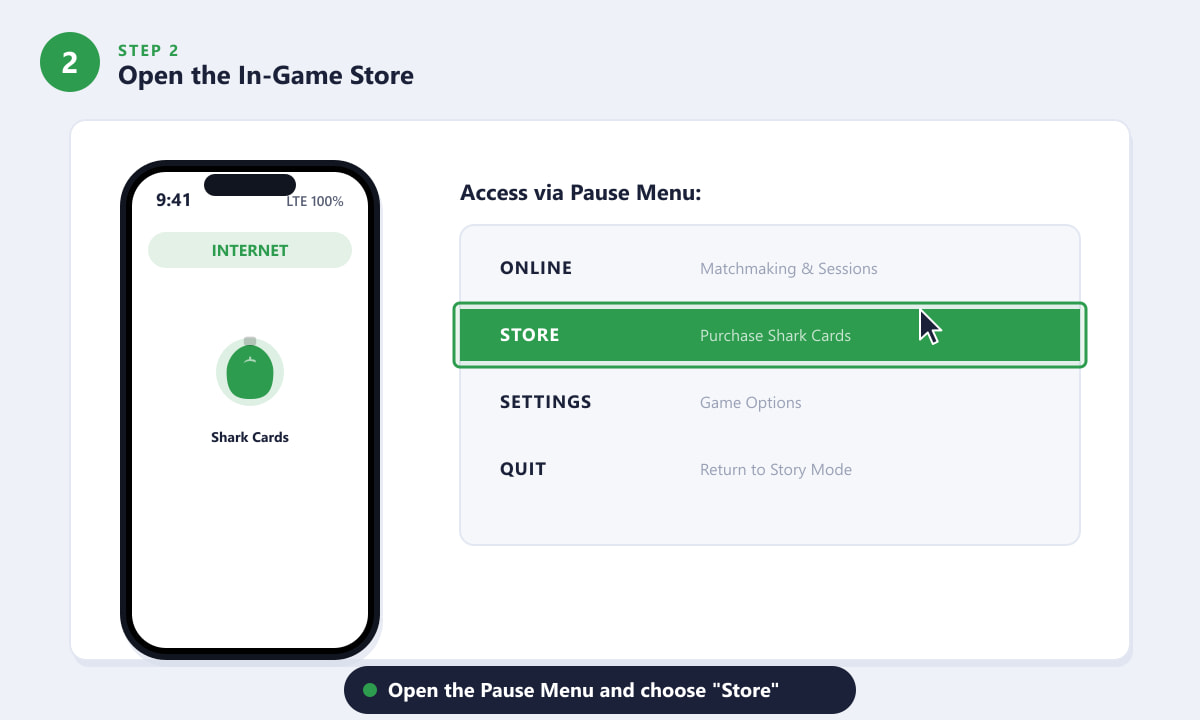 Opening the GTA Online pause menu Store to buy a Shark Card