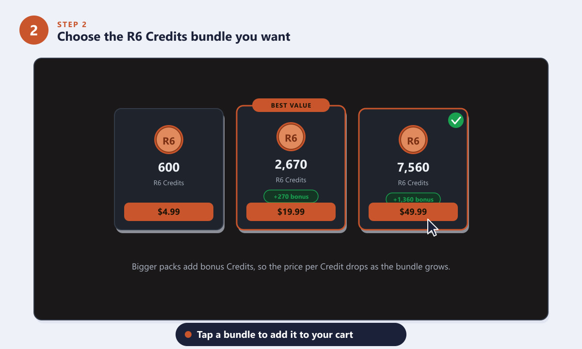 Choosing an R6 Credits bundle with bonus Credits in the store