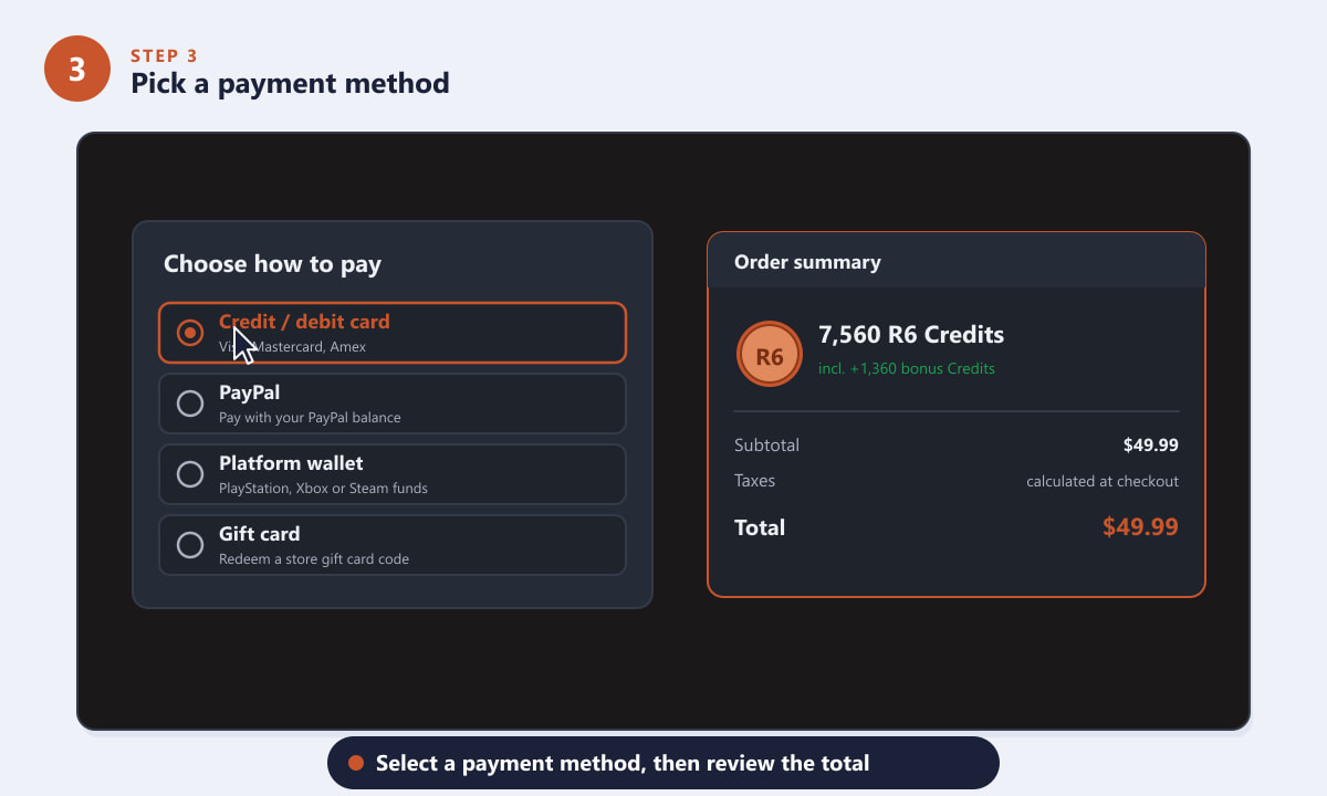 Selecting a payment method and reviewing the order summary for R6 Credits