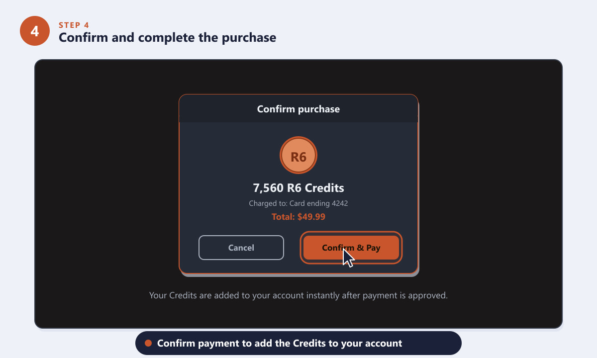 Confirming the R6 Credits purchase and paying for the bundle