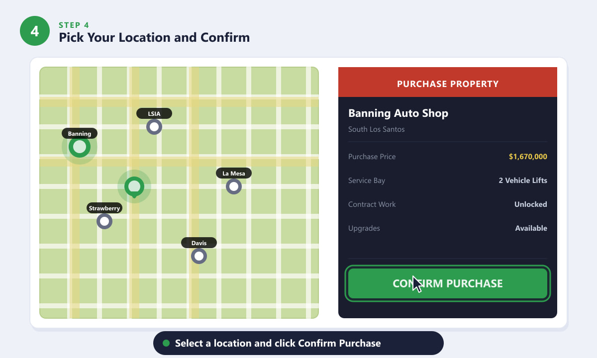 Choosing an Auto Shop location on the map and clicking Confirm Purchase in GTA Online