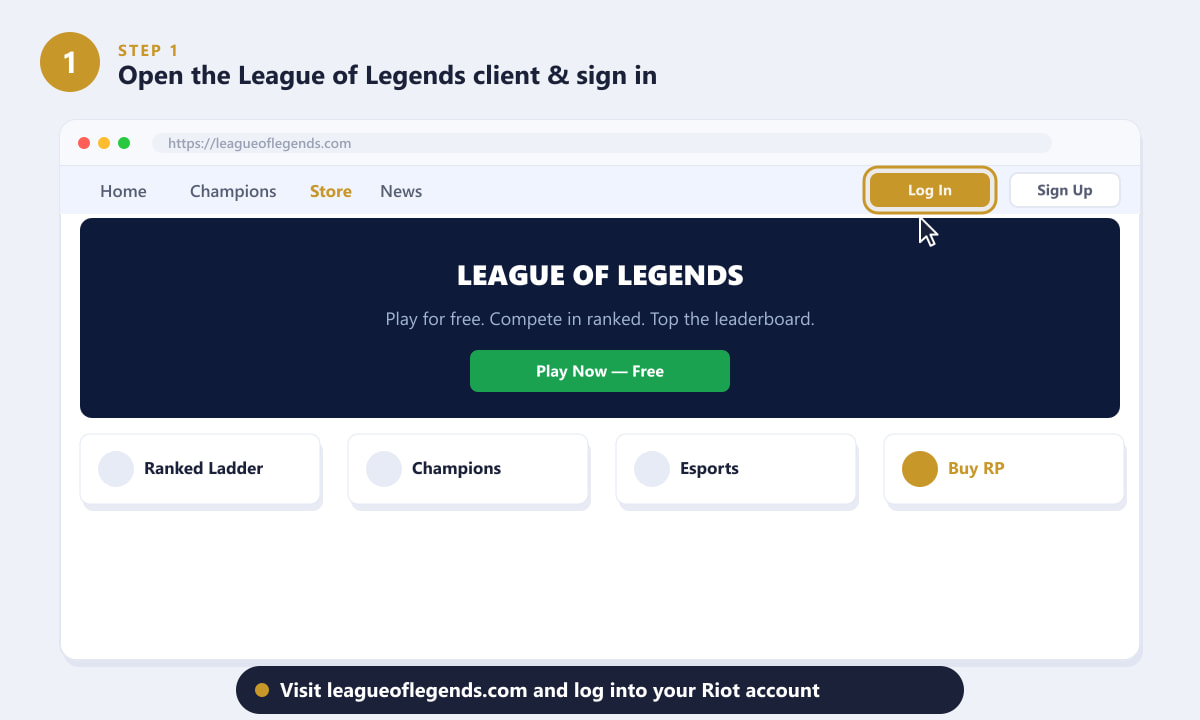 Otwieranie witryny League of Legends i kliknięcie przycisku Zaloguj się, aby uzyskać dostęp do sklepu RP