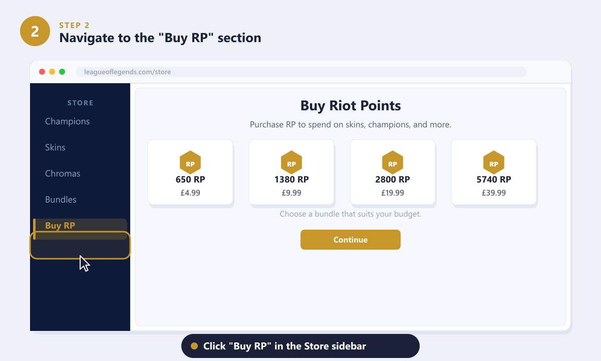 Kliknij Kup RP na pasku bocznym sklepu League of Legends, aby zobaczyć ceny pakietów w GBP