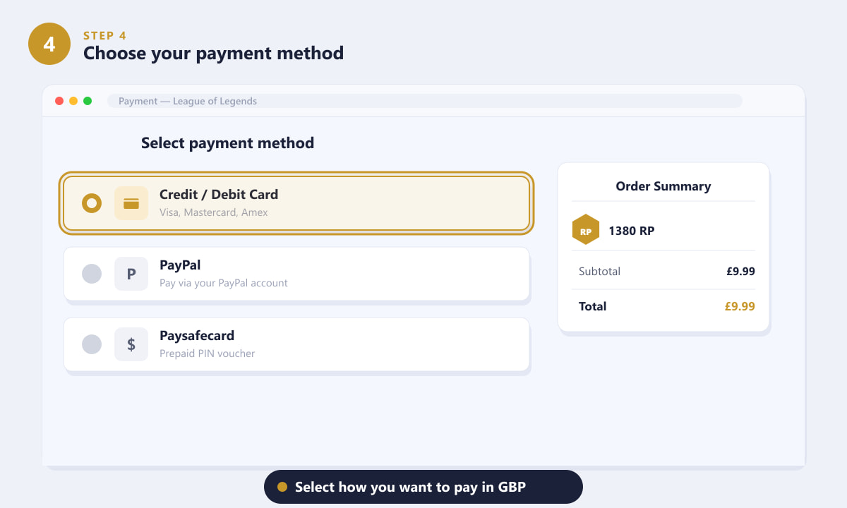 Wybór metody płatności w GBP, takiej jak karta kredytowa lub PayPal, w celu zakupu punktów Riot Points